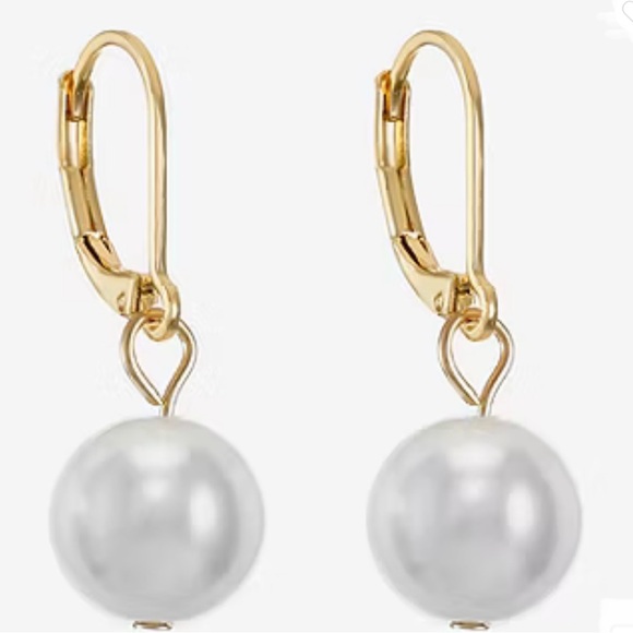 Monet White Simulated Pearl Gold Tone Leverback Drop Earrings - Picture 2 of 9